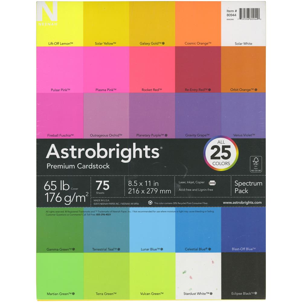Astrobrights Color Cardstock, 8.5 x 11, 65 lb./176 Gsm, Spectrum  Assortment, 75 Sheets 