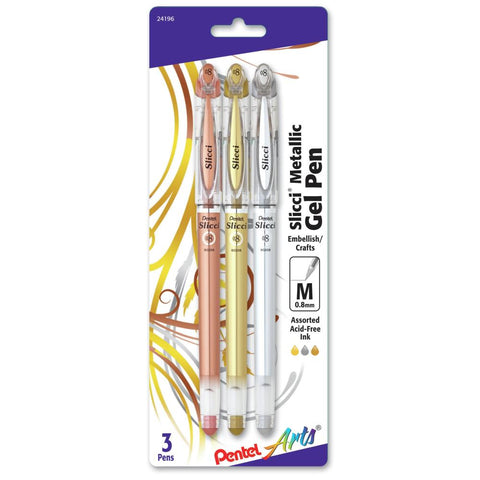 Pentel Slicci Metallic Gel Pens .8mm 3/Pkg Gold, Silver & Bronze Inks