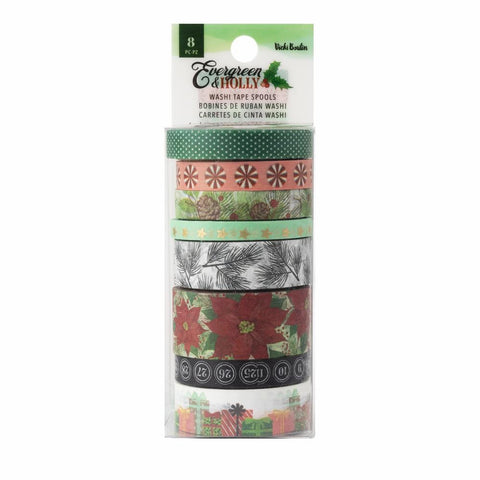 Vicki Boutin Evergreen & Holly Washi Tape 8/Pkg W/Gold Foil Accents