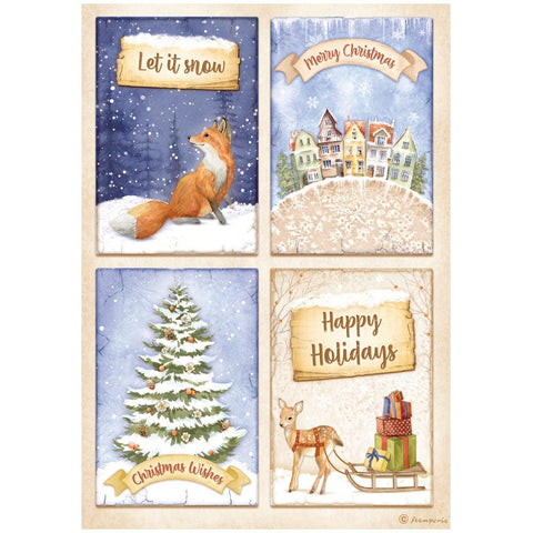 Stamperia Rice Paper Sheet A4 4 Cards Fox, Winter Valley