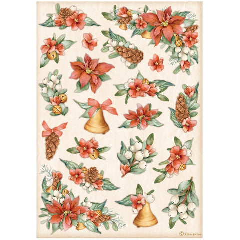 Stamperia Rice Paper Sheet A4 Poinsettia And Bells, All Around Christmas