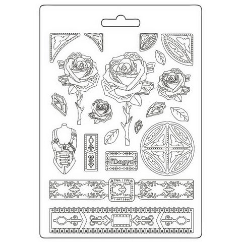 Stamperia Soft Maxi Mould A4 Sir Vagabond In Fantasy World Mechanical Rose and Borders