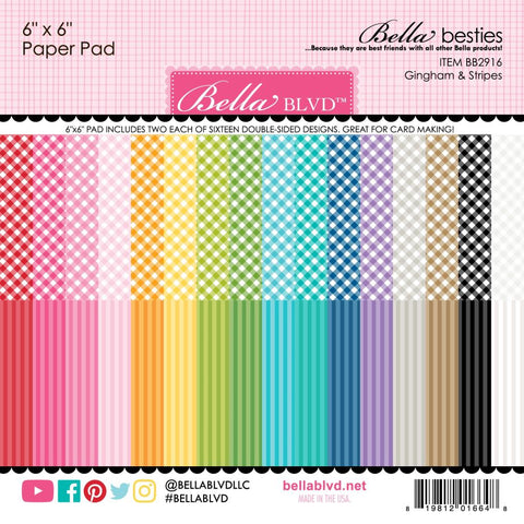 Bella Besties Double-Sided Paper Pad 6"X6" Gingham & Stripes Rainbow