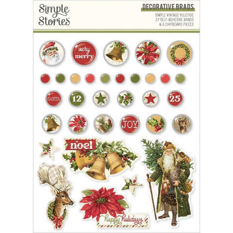 Simple Vintage Yuletide Decorative Brads 27 Brads, 6 Chipboard