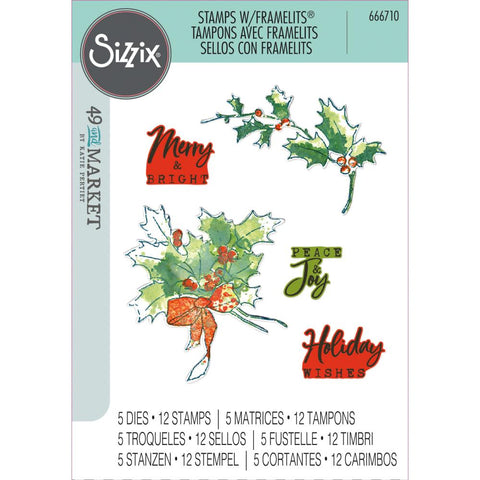 Sizzix A5 Clear Stamps With Framelits Die By 49 And Market Pencil Line Holly