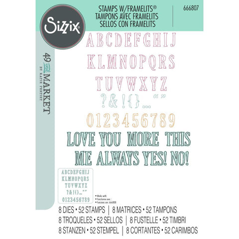 Sizzix A5 Clear Stamps W/Framelits Dies By 49 And Market Fine Line Alpha 01