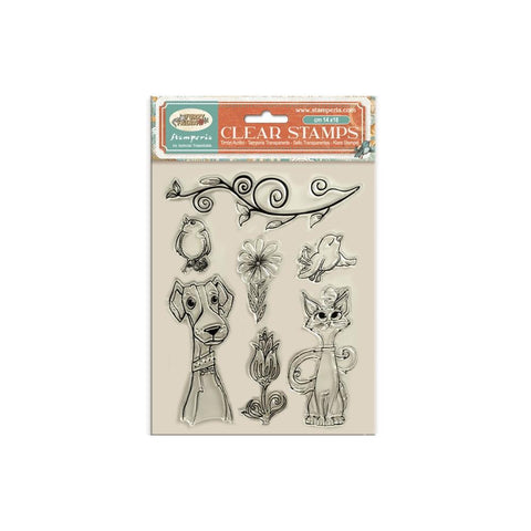Stamperia Furry Friends Acrylic Stamp Block 5.5"X7" Dog, Cat And Flowers