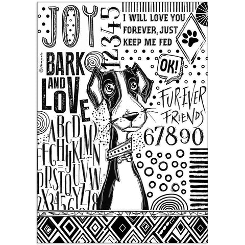 Stamperia Furry Friends Rice Paper Sheet A4 Dog Black And White