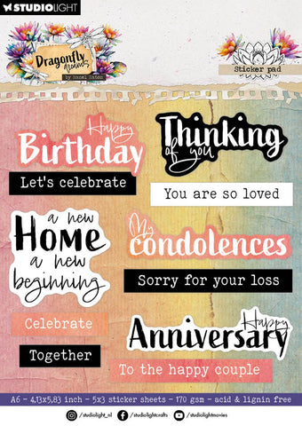 Studio Light Hazel Eaton Sticker Paper Pad Sentiments Dragonfly Dreams 105x148x3mm 20 Sheets