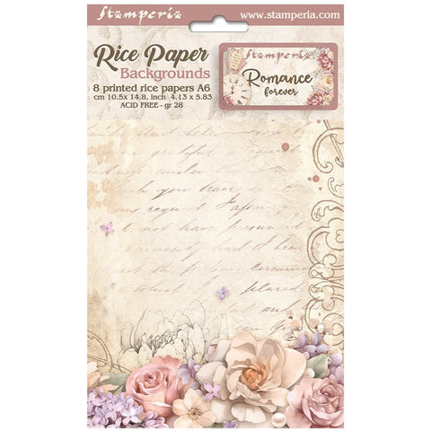Stamperia - Romance Forever Collection - A6 Rice Paper - Backgrounds - 8 Pack