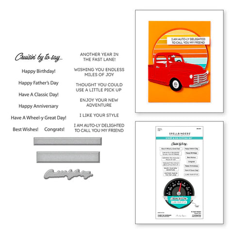 Spellbinders-Cruisin' By Sentiments Clear Stamp & Die Set from the Classic Road Legends Collection by Mindy Eggen