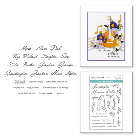 Spellbinders - FAMILY MUSICAL MIX GREETINGS CLEAR STAMP SET FROM THE BIBI'S MUSICAL NOTES COLLECTION BY BIBI CAMERON