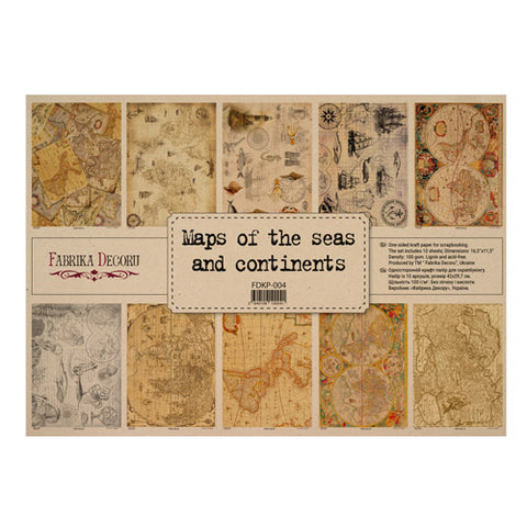 Fabrika Decoru SET OF ONE-SIDED KRAFT PAPER FOR SCRAPBOOKING MAPS OF THE SEAS AND CONTINENTS 16,5’’X11,5’’, 10 SHEETS