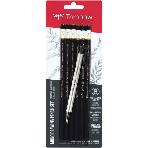 Tombow MONO Drawing Pencils 6/Pkg & Eraser Set 2H, HB, B, 2B, 4B & 6B