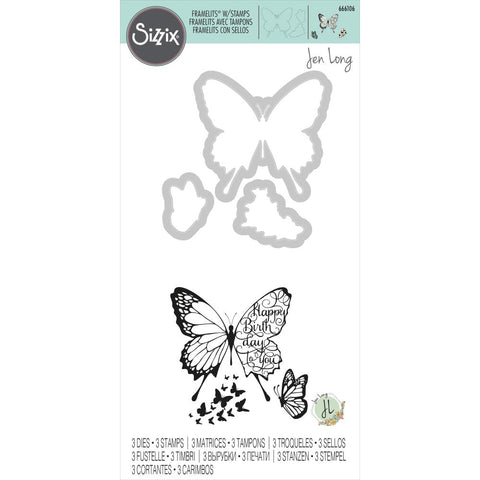 Sizzix Framelits Die & Stamp Set By Jen Long 3/Pkg Butterfly Birthday