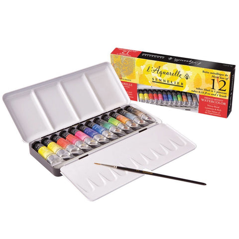Sennelier French Artists' Watercolor Tube Sets, 12-Color Metal Tin Set - 10ml Tubes