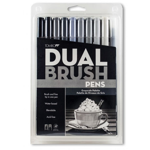 Tombow Dual Brush Pen 10 Color Set, Grayscale