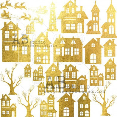 S20 AB Studio 12"x12" Gold scrapbooking paper "Glam paper"- Houses, Trees and Santa (sheet 39)